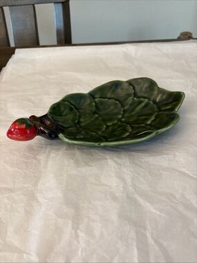 Vintage Olfaire Majolica leaf dish With strawberry from Portuga